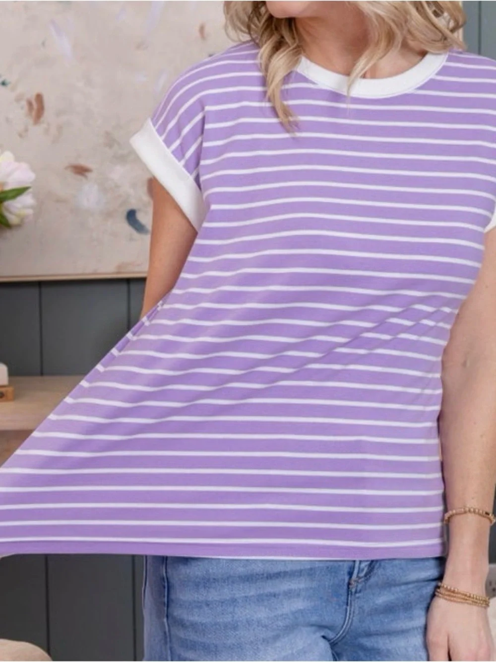 Contrast Trim Cap Sleeve Striped Lavender Tee - Women. Small